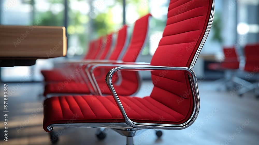 Aufkleber stylish red office chairs and large wooden table in empty conference room : generative ai