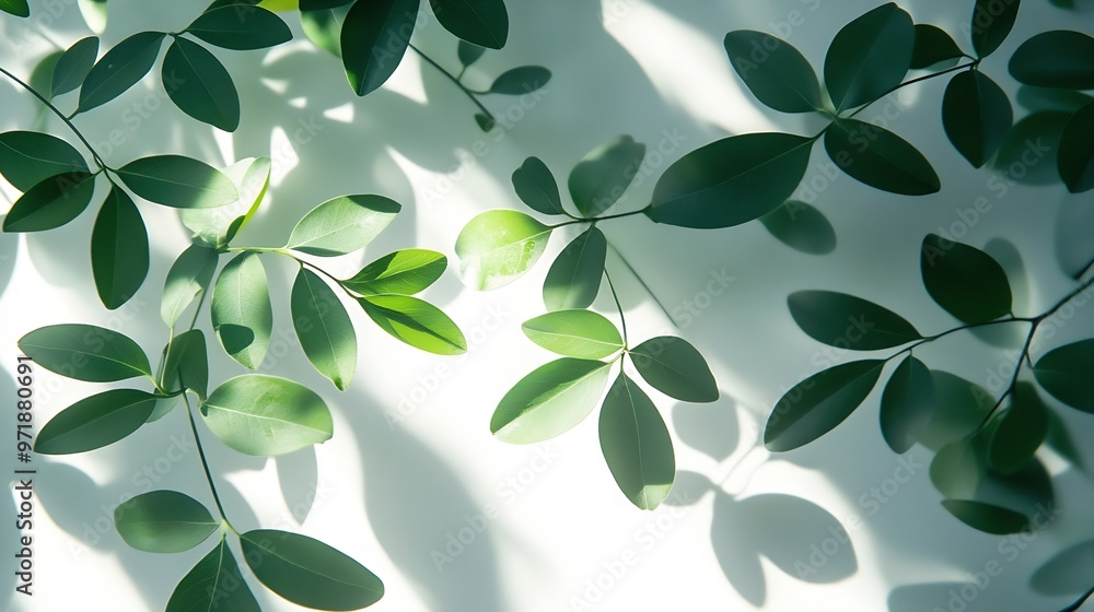 Poster Soft sunlight filters through tree leaves casting gentle shadows and creating an abstract pattern on a white background : Generative AI