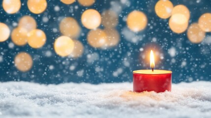 A warm red candle glows brightly in the snow, creating a serene atmosphere with blurred lights twinkling softly in the background