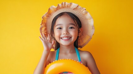 Little funny happy asian girl in swimsuit hand up with inflatable ring around waist isolated on yellow studio background Summertime vacation : Generative AI