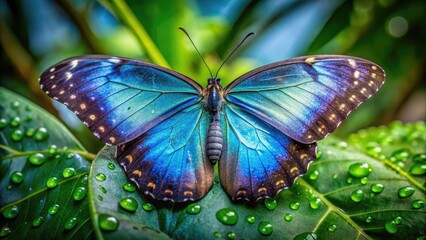 Delicate, lifelike blue butterfly with iridescent wings and intricate vein patterns perches on a dewy green leaf, showcasing its natural beauty in a serene environment.