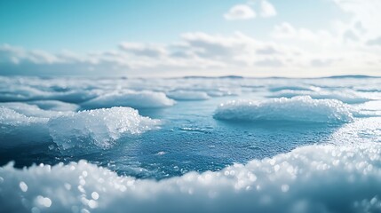 Obraz premium Winter landscape of the frozen sea on a sunny February day Beautiful blue smooth ice with cracks Natural background focus on ice : Generative AI