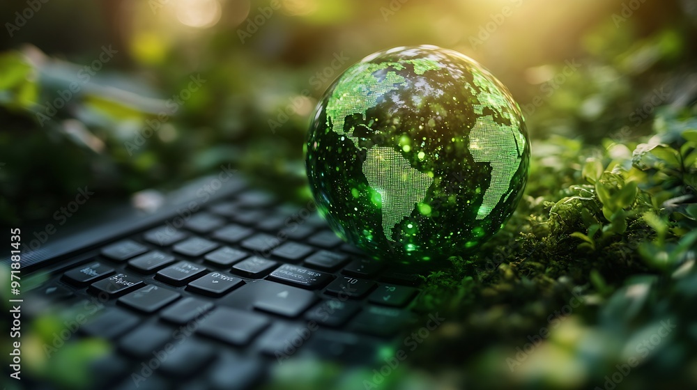 Poster Laptop keyboard with green globe technology concept with nature concept digital sustainability green technology Green Technology Green IT CSR and Clean Technology Ethical Concepts : Generative AI