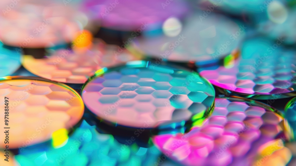Poster the metallic discs display a dazzling array of colors and light reflections, highlighting their uniq