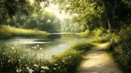 Fototapeta premium A peaceful riverside scene with a gently flowing river, bordered by lush greenery and wildflowers, offering a serene and natural view of the landscape.