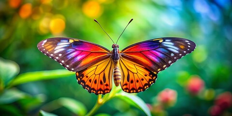 Obraz premium With gentle undulations, the butterfly's vibrant wings oscillated softly, casting a rainbow glow across the surrounding