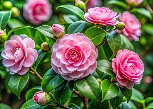 Delicate pink camell flowers bloom amidst lush green leaves on a serene garden shrub, evoking a sense of tranquility and understated elegance in nature.