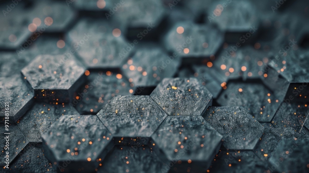 Poster the artwork features a rich dark background composed of hexagonal shapes, illuminated with soft, glo