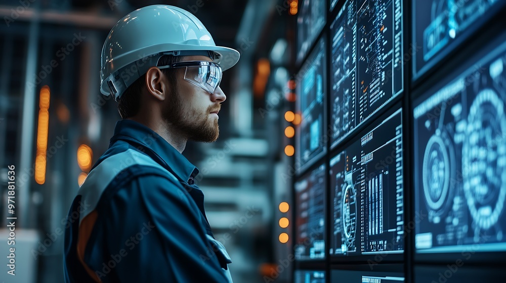 Poster electrician engineering and man with data overlay in a control room for maintenance technician perso