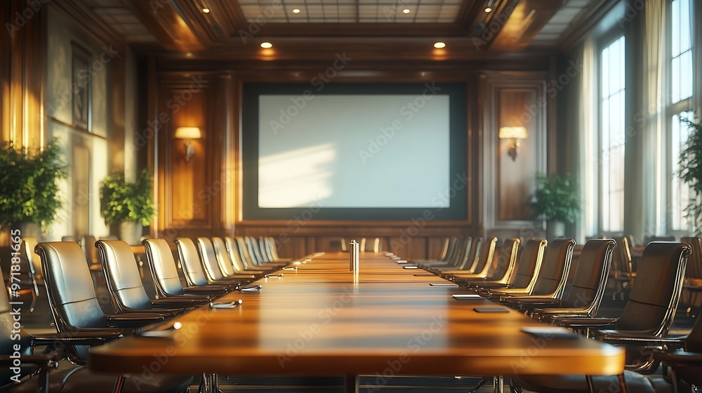Poster empty conference room with projection screen wooden table and many chairs : generative ai