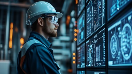 Electrician engineering and man with data overlay in a control room for maintenance Technician person with ai technology for power check problem solving and digital future or 3d inspec : Generative AI