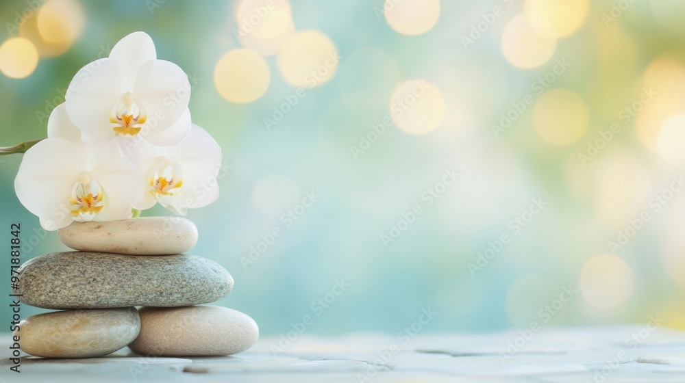 Poster a serene spa setup showcases elegant orchids resting on stones beside a glowing candle, creating a p