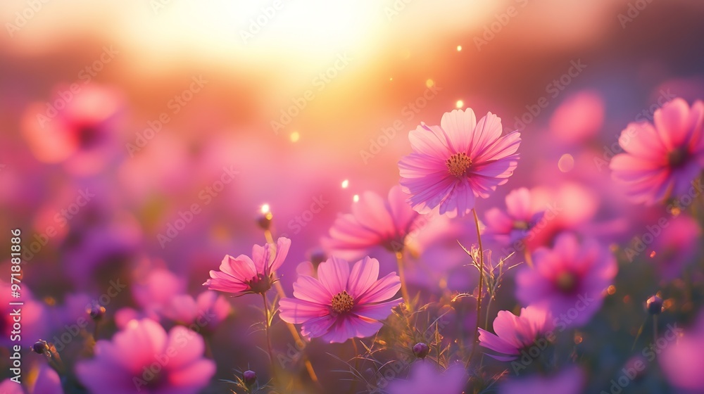 Poster blur background of close up of pink flowers in a field during sunset shining with blurring backgroun