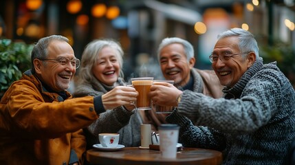 Senior people group toasting latte at coffee bar rooftop  Happy aged friends having fun together sitting at cappuccino restaurant  Life style concept with smiling men and women at cafe : Generative AI