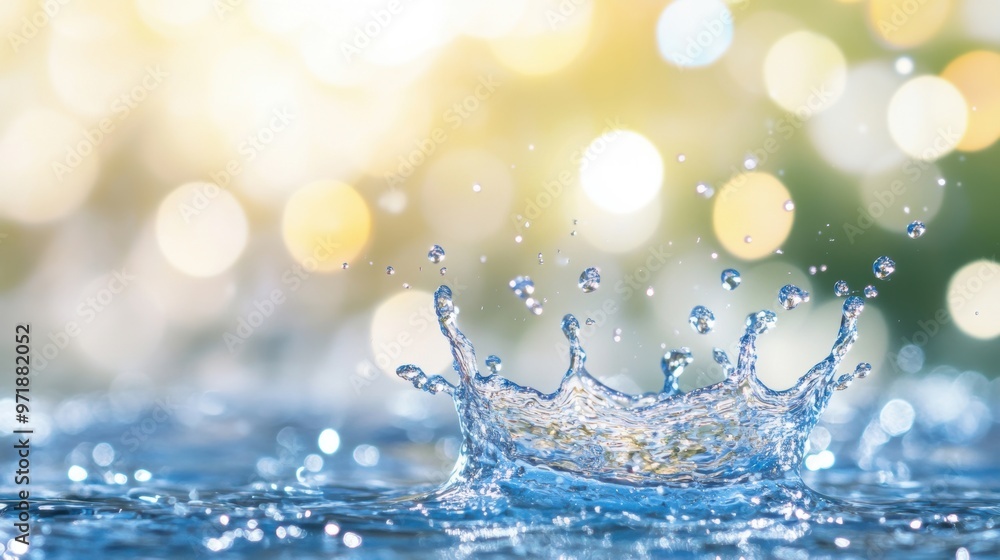 Poster a splash of clear blue water sends droplets soaring in the air, illuminated by glowing sunlight, cre