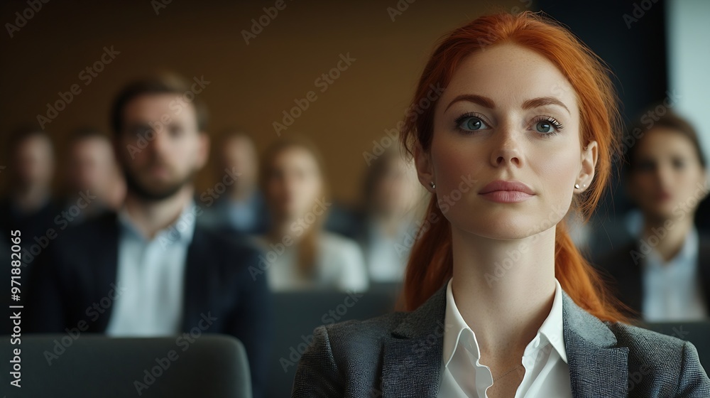 Aufkleber A redhaired Caucasian businesswoman sits in the front row of an empty conference room Bearded man giving a lecture : Generative AI