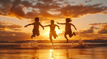 Three kids silhouettes running and jumping on beach at sunset happy family two school boys and one little preschool girl Siblings having fun together Bonding and family vacation : Generative AI