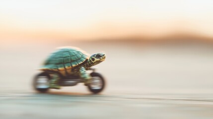 A small turtle races along the pavement on a toy motorcycle as the sun sets in the bustling city