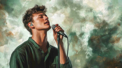 a handsome young man singing into a microphone, a portrait