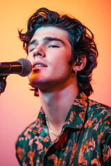 a handsome young man singing into a microphone, a portrait