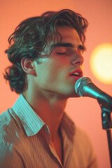 a handsome young man singing into a microphone, a portrait