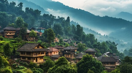 Fototapeta premium A picturesque village nestled in the foothills of a mountain range, with traditional architecture and lush greenery.
