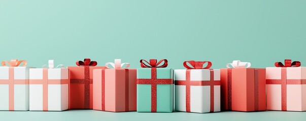 Colorful presents with ribbons arranged on a mint green background, perfect for festive celebrations and gift-giving occasions.