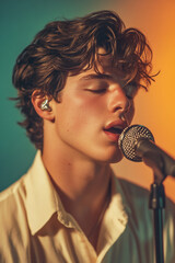 a handsome young man singing into a microphone, a portrait