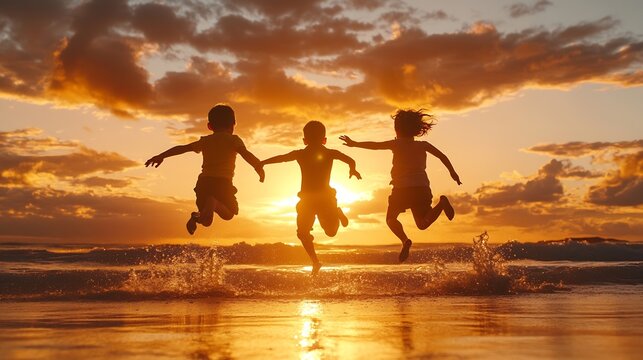 Three kids silhouettes running and jumping on beach at sunset happy family two school boys and one little preschool girl Siblings having fun together Bonding and family vacation : Generative AI