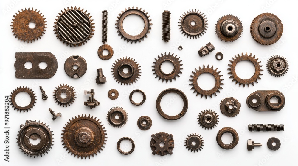 Poster rusty gears and cogs on white background