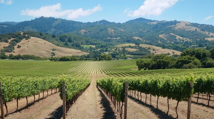 Fototapeta premium A picturesque vineyard with neatly arranged grapevines and rolling hills in the background, capturing the charm and beauty of the countryside