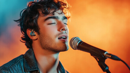a handsome young man singing into a microphone, a portrait