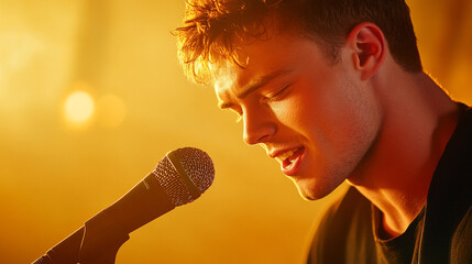 a handsome young man singing into a microphone, a portrait