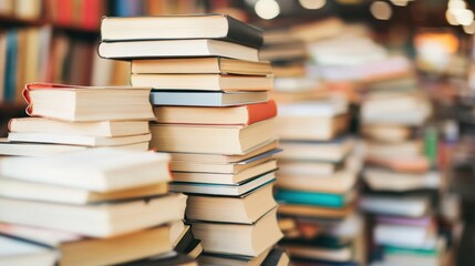 Books are stacked high in a library, creating an inviting atmosphere for readers and scholars alike