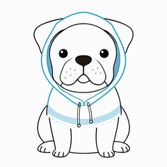Fototapeta premium Cute puppy wearing a blue hoodie and smiling on a white background 
