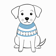 Fototapeta premium Cute puppy wearing a blue patterned sweater and smiling on a white background 