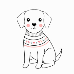 Fototapeta premium Cute puppy wearing a sweater with heart patterns and smiling on a white background
