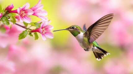Fototapeta premium Hummingbird in Flight with Pink Flowers and Blurred Background