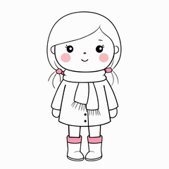 Cute girl with braids wearing a warm coat and boots on a white background