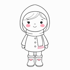 Cute child wearing a warm coat, scarf, and boots on a white background
