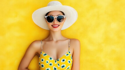Fototapeta premium A fashionable woman enjoys the sunny day, wearing a bright summer hat and stylish sunglasses, with a colorful yellow backdrop