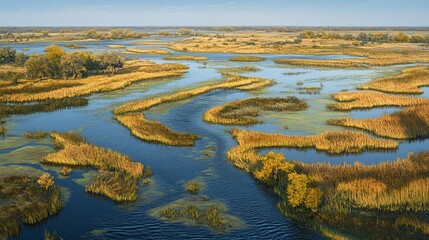 Naklejka premium A scenic river delta with a network of waterways meandering through fertile wetlands, dotted with reeds and vibrant birdlife.