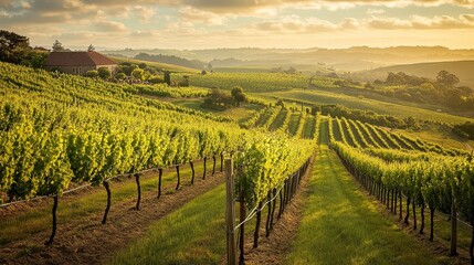 Fototapeta premium A scenic vineyard with rows of grapevines, a charming winery, and rolling hills.