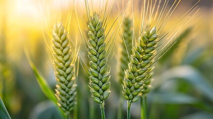 Fresh ears of green wheat on nature in spring field Agriculture scene Green Wheat field nature landscape : Generative AI