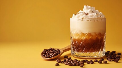Glass of White Russian cocktail and wooden scoop with coffee beans on yellow background : Generative AI