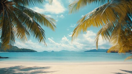Palm trees in tropical sunny beach and tropical sea in Paradise island Summer vacation and tropical beach concept : Generative AI