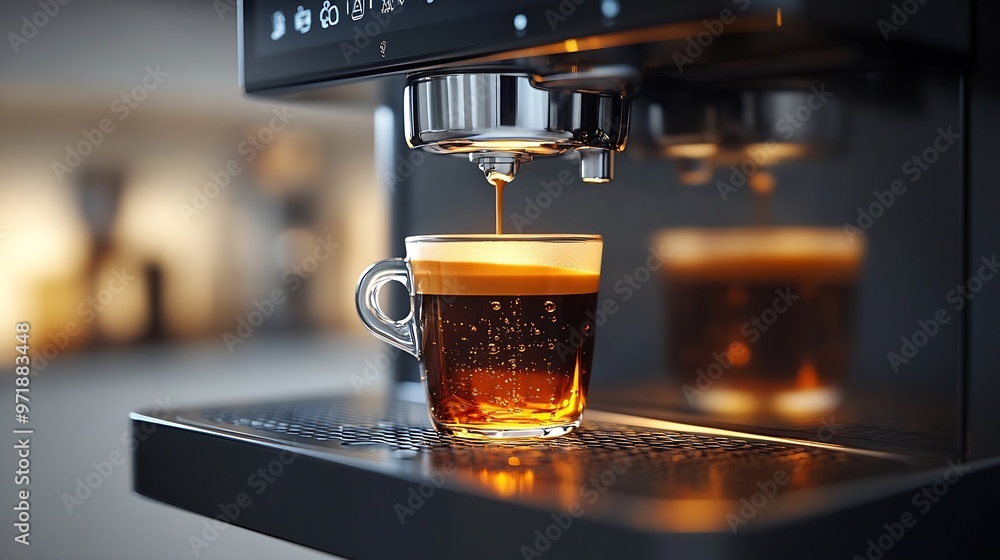 Poster a modern coffee machine in action brewing a fresh cup of coffee The machine is sleek and stylish with shiny metal accents and illuminated buttons that give it a hightech appearance : Generative AI