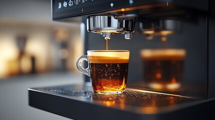 a modern coffee machine in action brewing a fresh cup of coffee The machine is sleek and stylish with shiny metal accents and illuminated buttons that give it a hightech appearance : Generative AI