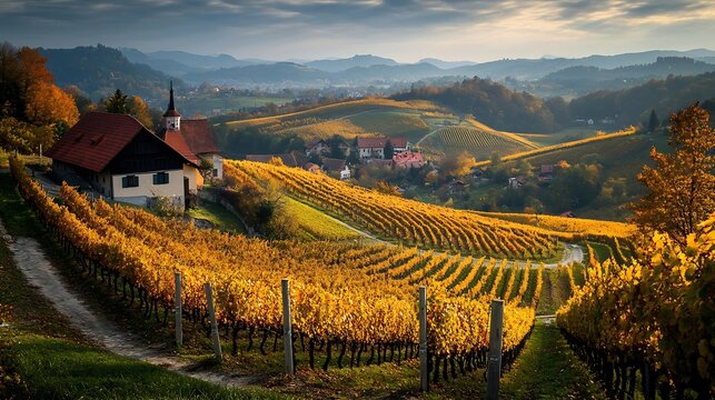 Splendid vineyards landscape in South Styria near Gamlitz Autumn scene of grape hills in popular travell destination Eckberg Location Gamlitz district of Leibnitz in Styria Austria Eur : Generative AI