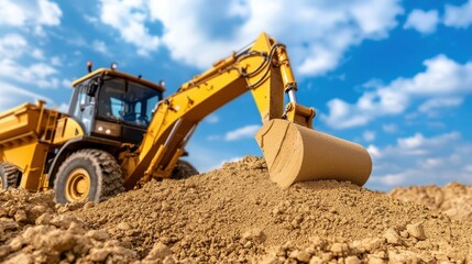Fototapeta premium Excavator Digging Soil in Construction Site